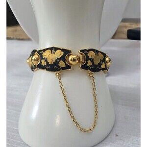 Vintage Damascene Gold Tone Etched Birds Beads Flowers Black Bracelet Size Small